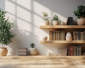 Home Office Bookshelf Virtual Background | Modern Minimalist (PNG Instant Download)