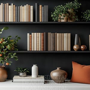 May include: A black bookshelf with two shelves, filled with books and decorative items. The top shelf has a potted plant with green leaves and a brown pot. The bottom shelf has a potted plant with orange fruit, a white vase, a brown vase, a white ceramic vase, and a brown cushion.