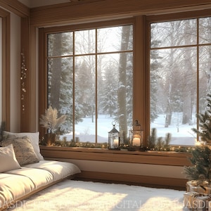 May include: A winter scene with a large window framing a snowy forest. A Christmas tree with decorative lights and gifts is near the window. A sofa with cushions and a fluffy rug create a warm, inviting space.