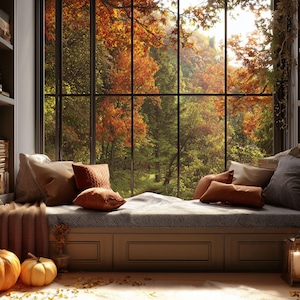 May include: A window seat with cushions and a throw, offering a view of an autumnal forest. Two pumpkins and a candle lantern are on the floor. Bookshelves frame the window, creating a warm, inviting space.