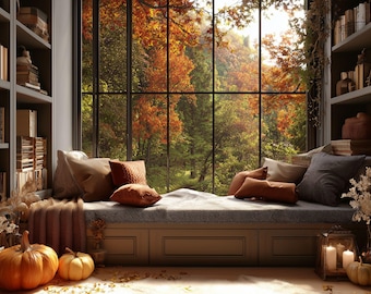Cozy Fall Window View Virtual Background (PNG)