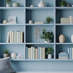 Peut inclure: Une bibliothèque bleu clair avec plusieurs étagères remplies de livres, de vases, de plantes et d'objets décoratifs. Les étagères sont divisées en sections avec un fond bleu clair.