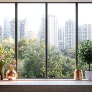 May include: A bright, airy window scene with a city skyline view. The windowsill displays decorative vases with flowers and a potted plant. The scene is bathed in natural light, creating a serene and inviting atmosphere.