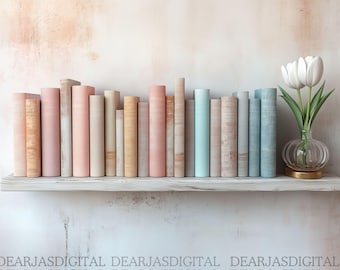 May include: A collection of books in pastel colors, arranged on a white wooden shelf against a textured wall. A clear glass vase with a white tulip sits on the shelf, adding a touch of elegance.
