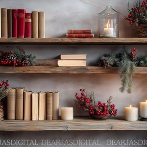 May include: Rustic wooden shelves display books, candles, and seasonal decor. Red and beige books are arranged with greenery and berries. A glass cloche houses a lit candle, creating a warm, inviting atmosphere.