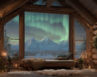 Christmas Zoom Background Cozy Holiday Cabin Virtual Office Backdrop for Teams & Meet
