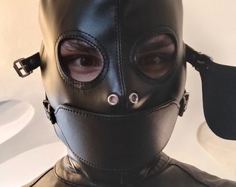 Full face hood with blindfold and gag,  sensory deprivation mask in quality leather