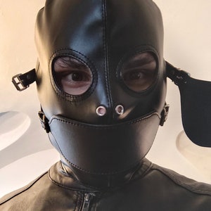 Full face hood with blindfold and gag, sensory deprivation mask in quality leather image 1