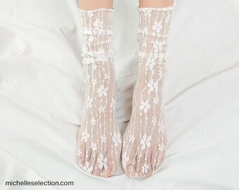 Transparent sheer socks, lace stockings, beige, white and black tr