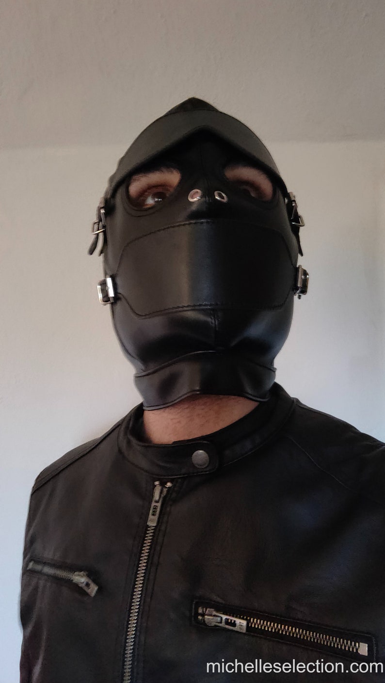 Full face hood with blindfold and gag, sensory deprivation mask in quality leather image 4