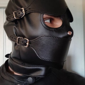 Full face hood with blindfold and gag, sensory deprivation mask in quality leather image 3