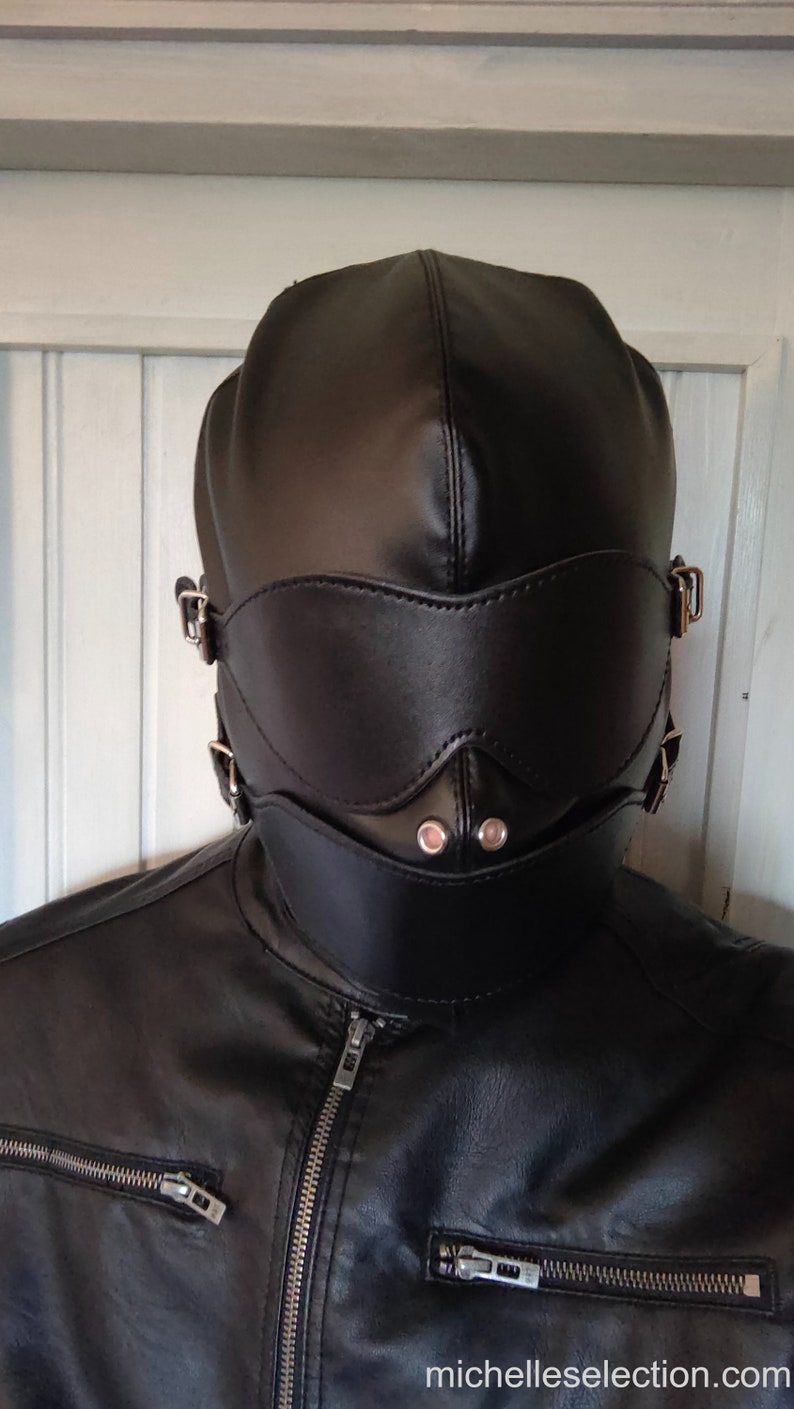 Full face hood with blindfold and gag, sensory deprivation mask in quality leather image 6