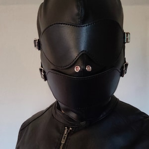 Full face hood with blindfold and gag, sensory deprivation mask in quality leather image 2