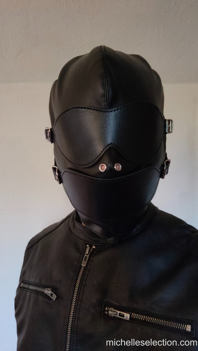Full face hood with blindfold and gag, sensory deprivation mask in quality leather image 2