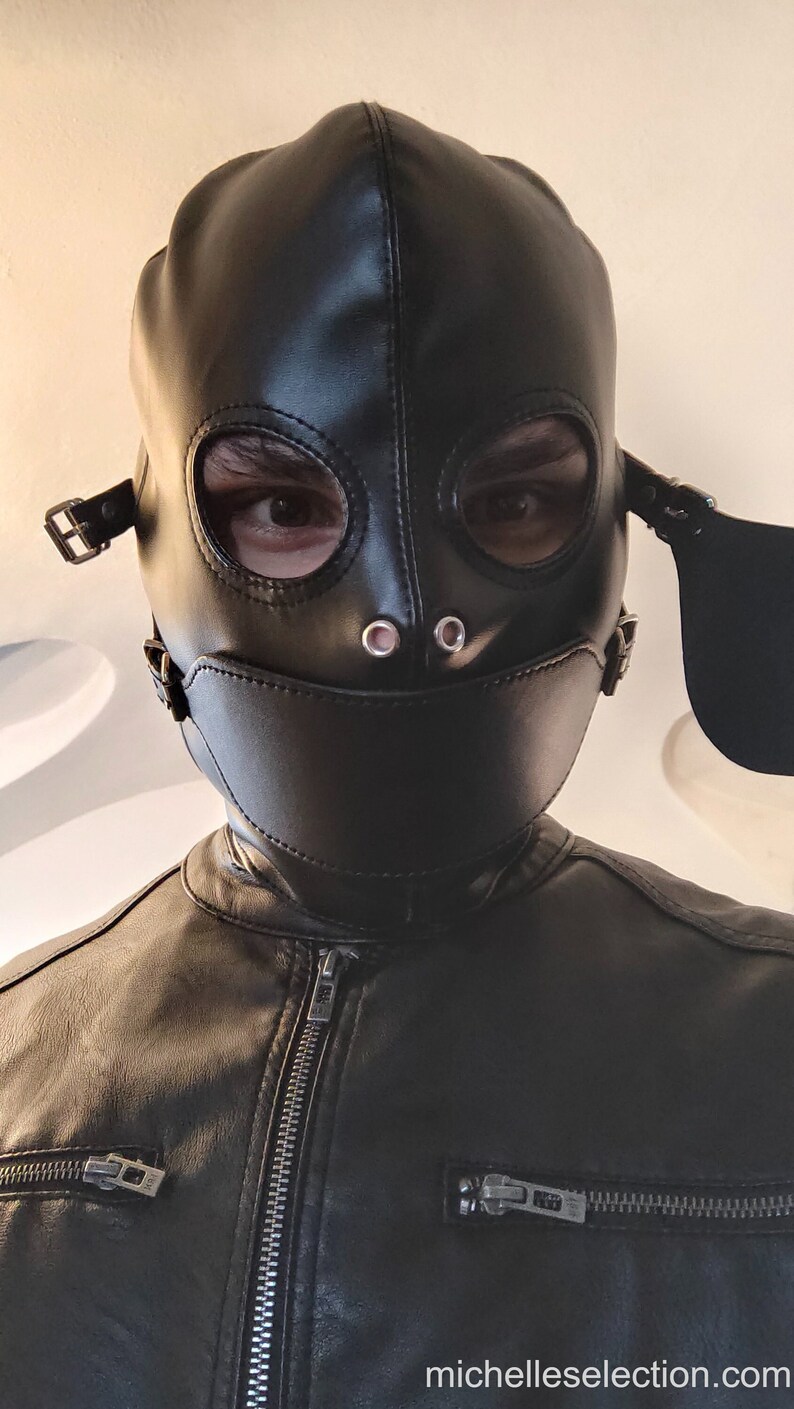 Full face hood with blindfold and gag, sensory deprivation mask in quality leather image 1
