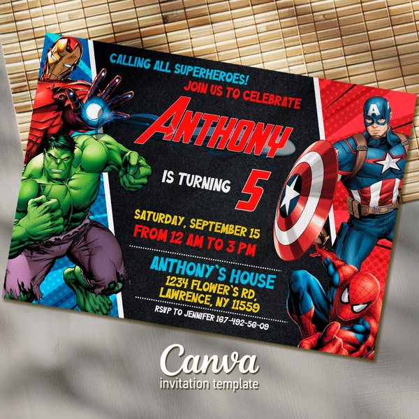 Printable Birthday Invitation, avengers invite, spiderman invite, superhero invitation, super hero, iron man, thore, captain america, hulk