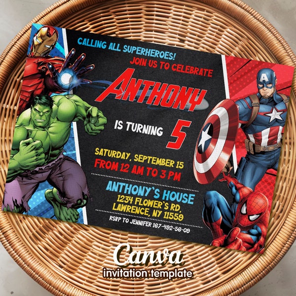 Invitation d'anniversaire imprimable, invitation Avengers, invitation Spiderman, invitation de super-héros, super-héros, Iron Man, Thore, Captain America, Hulk