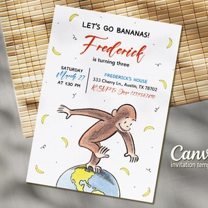 Printable Curious George birthday invitation, monkey invite, ape invite, Curious George party, boy 1st 2nd 3rd birthday, editable template