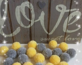 Ready to Ship!! 26 pcs Kawaii Yarn Pom Pom Yellow & Gray