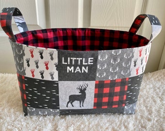 Made to Order!! Woodland Little Man Buffalo Plaid Storage Basket ***Baby shower gift, Birthday gift, Diaper carry,Woodland Theme ***