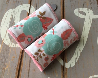 Boho chic reversible pastel rose car seat belt covers ***Baby shower gift, Coral mint gold ***