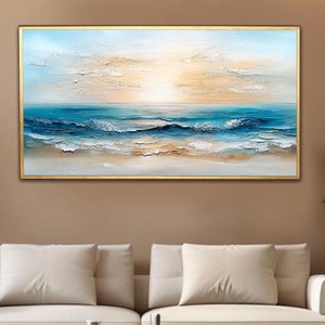 Ocean Sunset Textured Oil Painting, Coastal Wall Art, Hand-Painted Beach Scene, 3D Seascape Home Décor, Serene Nature-Inspired Artwork Gift