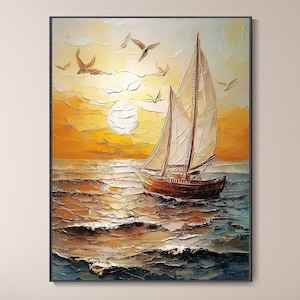 Puede incluir: Una pintura de un velero con velas blancas en una masa de agua al atardecer. El sol se pone detrás del velero, y hay pájaros volando en el cielo. El agua es de un color azul profundo, y el cielo es de un color naranja y amarillo brillante.