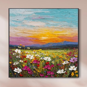 cuadro al óleo atardecer flores silvestres paisaje campo flores lienzo valle natural decoración salón sofá fondo pared pintura original arte