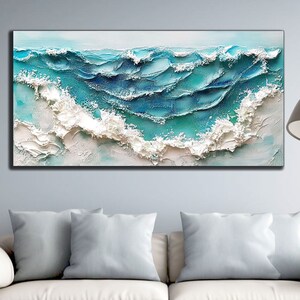 May include: Abstract painting of ocean waves in shades of blue and white. The waves are textured and appear to be made of thick paint.
