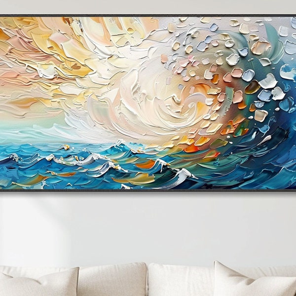 Large Seaside Landscape Oil Painting, Mediterranean Style, Colorful