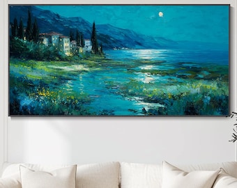 Nachtlandschaft mit Bergen und See Ölgemälde Mondlicht Landschaftsbild großes Wandbild für Wohnzimmer zeitgenössische Natur Landkunst