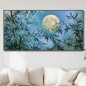 Óleo luna llena en bosque de bambú azul paisaje nocturno minimalista zen para salón pintura original sobre lienzo arte moderno para pared