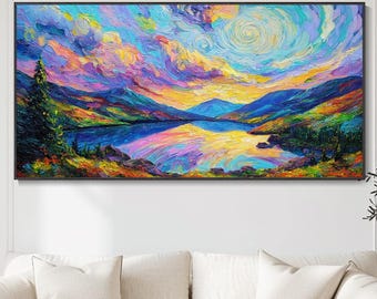 Sonnenuntergang Berge Öl auf Leinwand dick strukturiert Landschaft mit Spachtel bunte Wohnzimmer Wanddekoration moderne abstrakte Natur Öl