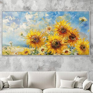 Puede incluir: Pintura al óleo rectangular que representa un campo de girasoles bajo un cielo azul claro con nubes blancas. Los girasoles están pintados en tonos amarillos y marrones, con pinceladas visibles.