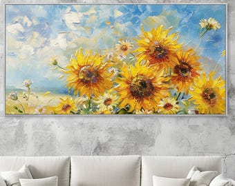 3D Textured Wildflower Field Mural | Panoramic Sunflower Field Canvas Art | Vibrant Floral Art | Modern Nature-Inspired Art | Bedroom Decor