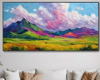 óleo arcoíris nubes montañas paisaje natural arte pared boho moderno skyline vibrante lienzo decoración salón dormitorio cuadro original