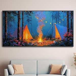 Romantic Camping Night Textured Oil Painting, Tents and String Lights Woodland Canvas Wall Art, Cabin & Cottage Artwork, Outdoor Lover Gift