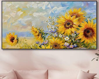 olio astratto fiori texture 3d campo di girasoli spatola fiori selvatici campagna originale panorama tela decorazione soggiorno camera arte