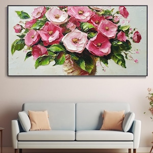 オリジナルピンクの咲く花のテクスチャ壁アートキャンバス油絵フラワーバスケット装飾花リビングルーム絵画ファッションホーム壁画