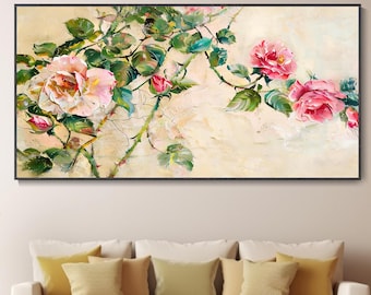 Luxurious 3D Pastel Floral Texture Wall Art, Romantic Rose Oil Painting, Large-Scale Botanical-Inspired Wall Art, Living Room Decorative Art