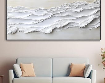 3D White Minimalist Textured Wall Art Beach Painting Ocean Wave ...