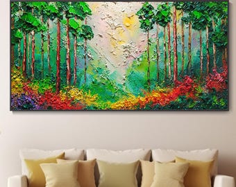 Dipinto foresta estiva quadro astratto alberi effetto 3D tonalità verde decorazione parete soggiorno camera da letto arte originale su tela