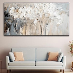 Beige White Textured Wall Art Floral Abstract Oil Painting On Canvas Minimalist Soft Palette Knife Wall Art Large Modern Neutral Home Deocr