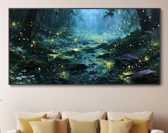 3D Forest Firefly River Multicolored Wall Art; Vibrant Landscape Firefly Natural Texture Wall Art; Original Landscape  Living Room Decor Art