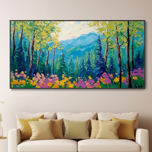 Large Seaside Landscape Oil Painting, Mediterranean Style, Colorful