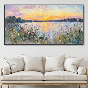 Colorful Textured Landscape Wall Art Large Sunset Meadow Oil Painting on Canvas River Field Impressionist Wildflower Living Room Wall Art