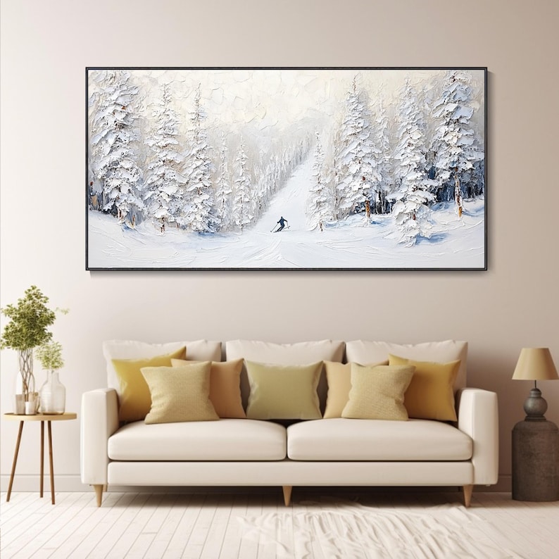 Snowy Pine Tree Forest Painting on Canvas Original Ski Sport 3D Texture ...