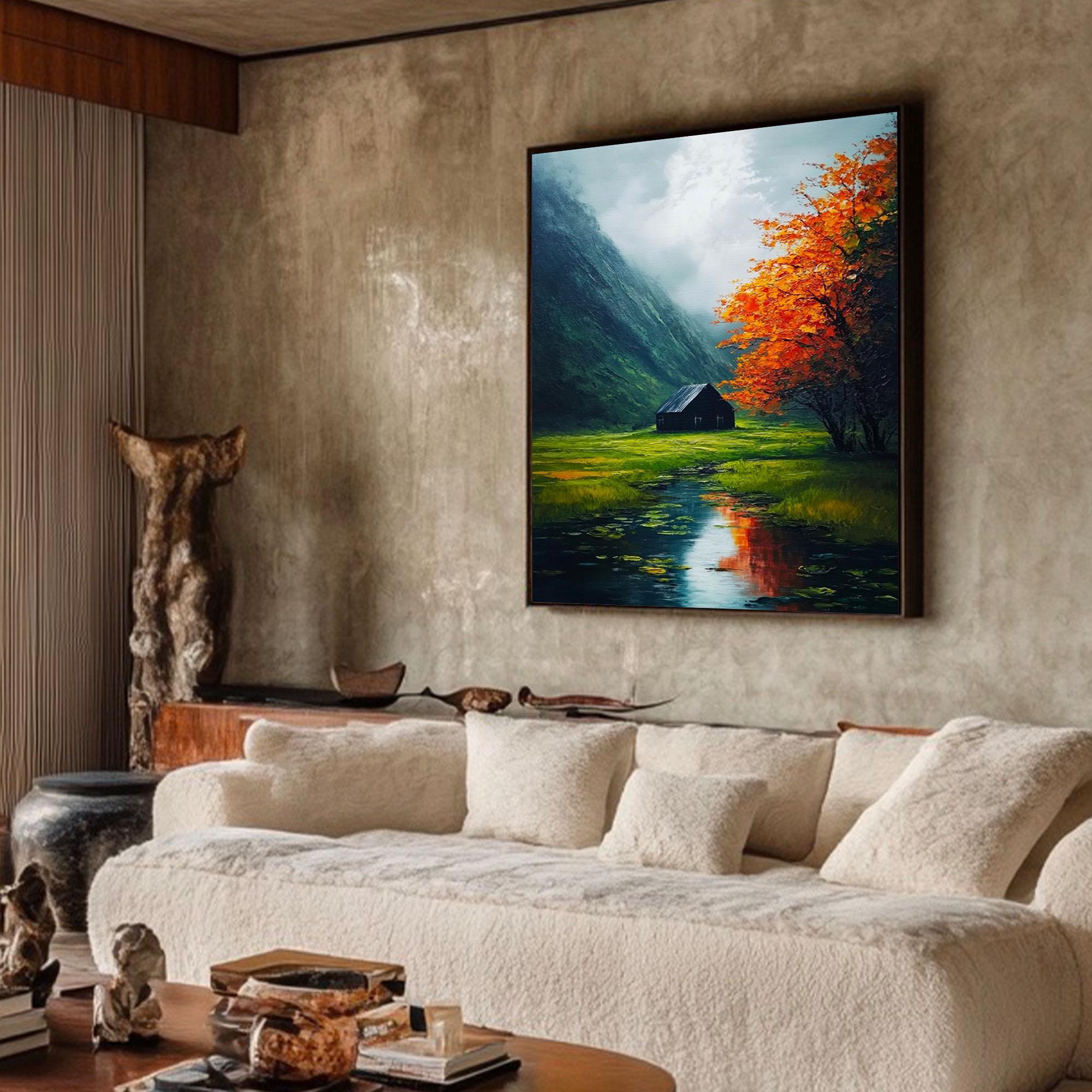 Hand-painted Mountain Cabin by the Stream Landscape Oil Painting ...