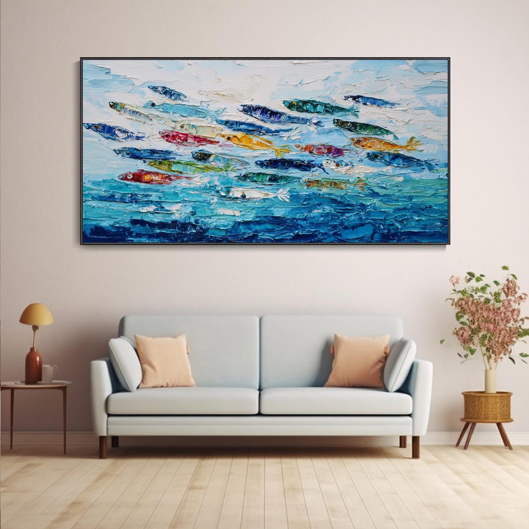 Abstract Ocean Fishes 3D Textured Fish Wall Art Panoramic Blue Art ...