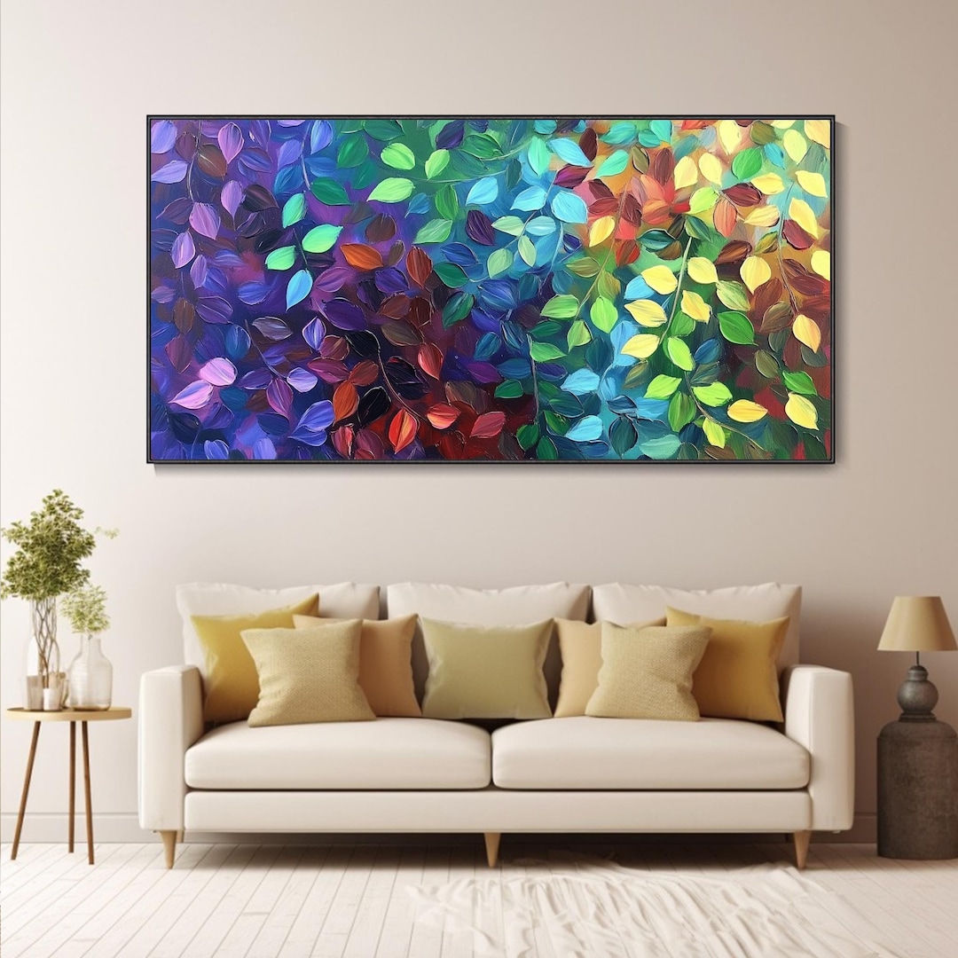 3D Rainbow Texture Wall Art Abstract Painting on Canvas Colorful Leaves ...